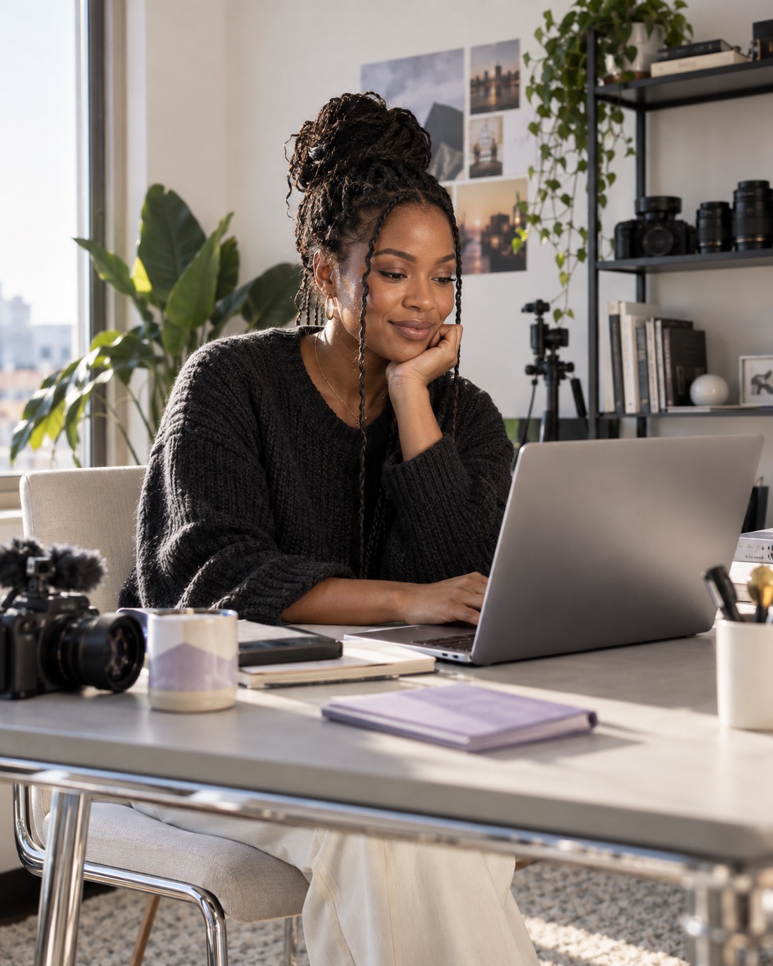 A creator reviewing brand work on her laptop