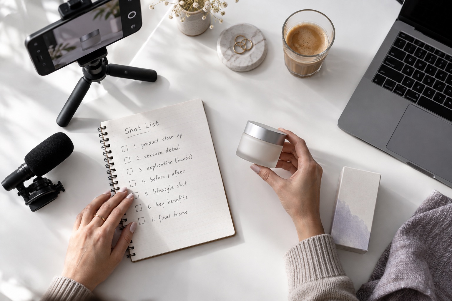 A creator planning a product video at a bright worktable