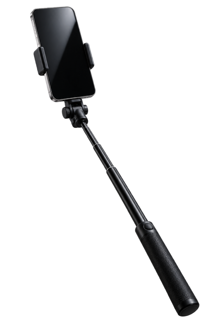 A phone attached to a selfie stick